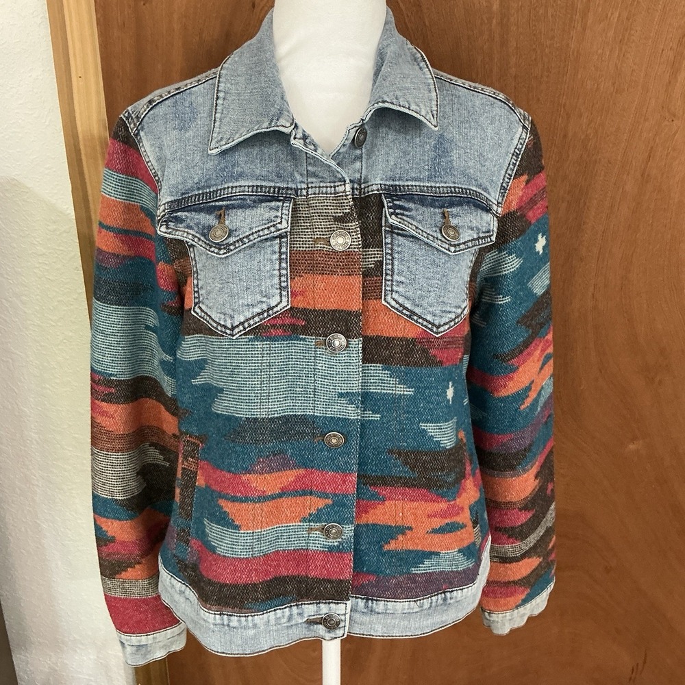 Est 1946 Denim Jacket Medium Button Down Aztec Southwestern Cowgirl Boho